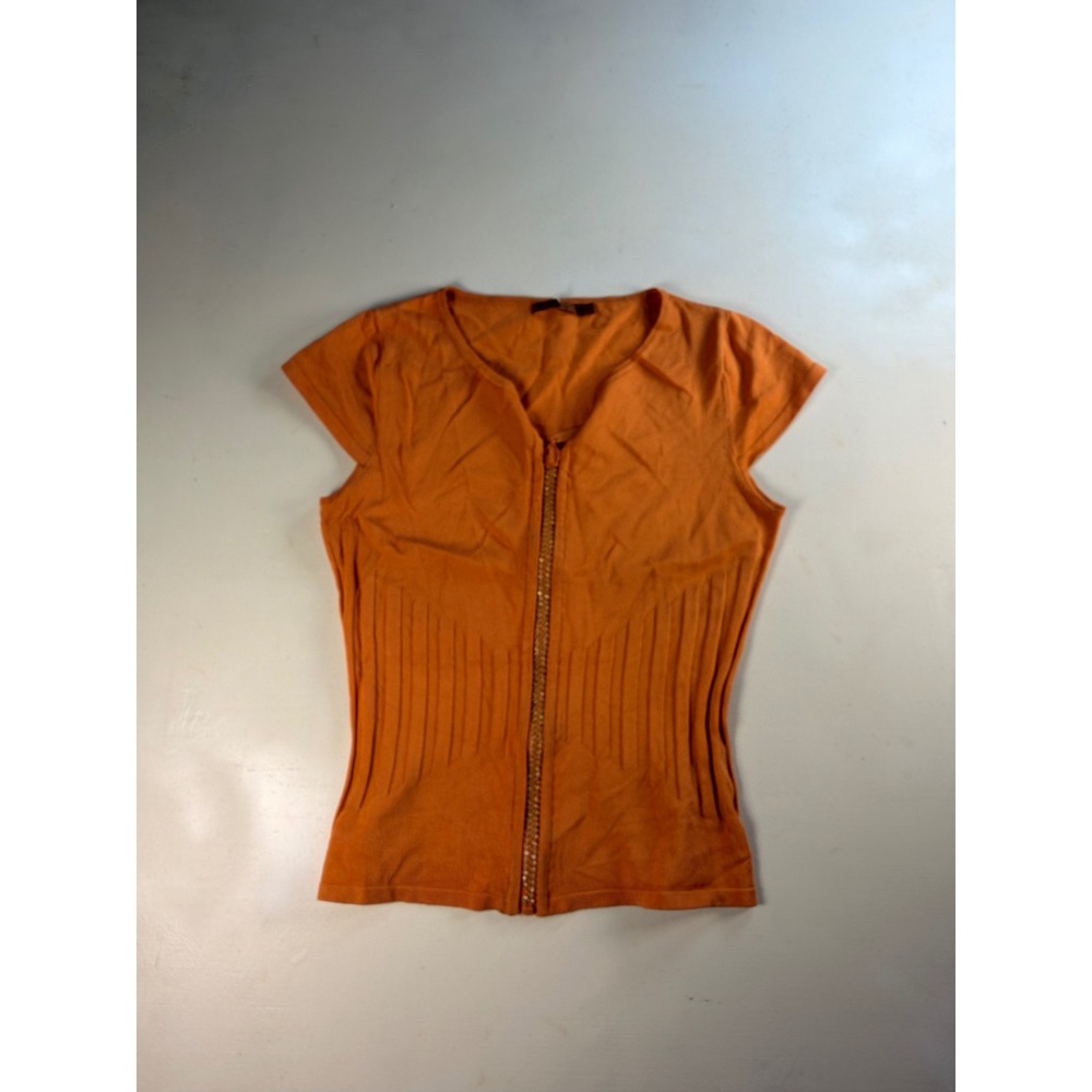 Belldini Knit Zip Top Women Medium Orange Y2K Rhinestone Ribbed Cap Sleeve